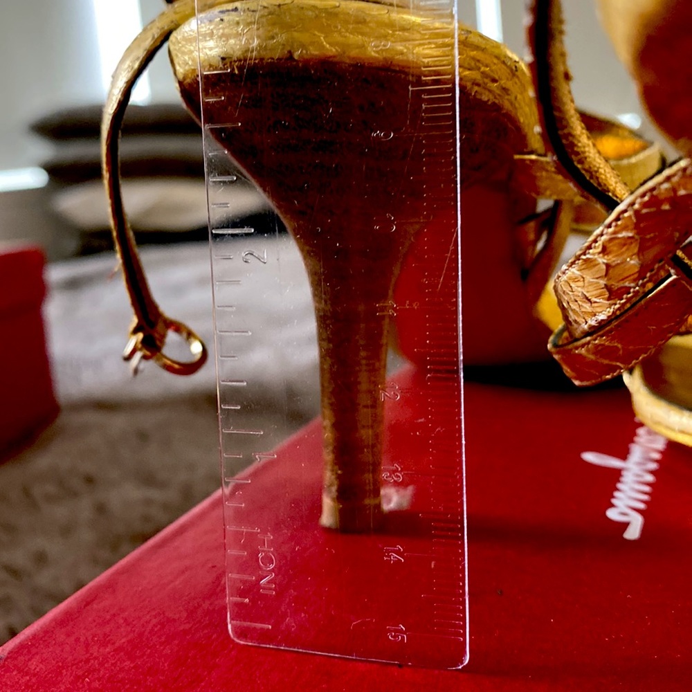 Salvatore Ferragamo gold reptile “Samba” strapped heals. Approx 3” high - Picture 5 of 5
